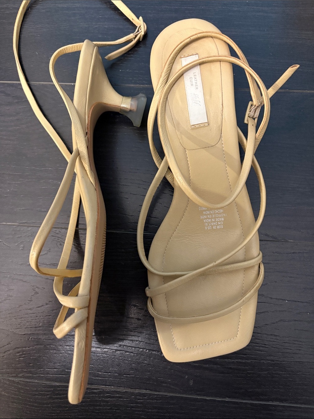 H&M Women's Beige Leather Strappy Square-Toe Sandals - Picture 4 of 6